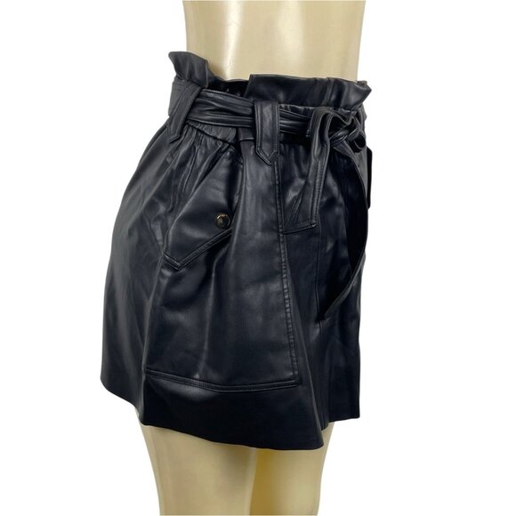 Zara Womens Black Leather A-Line Mini Skirt With Paperbag Waist Size L - Picture 2 of 7
